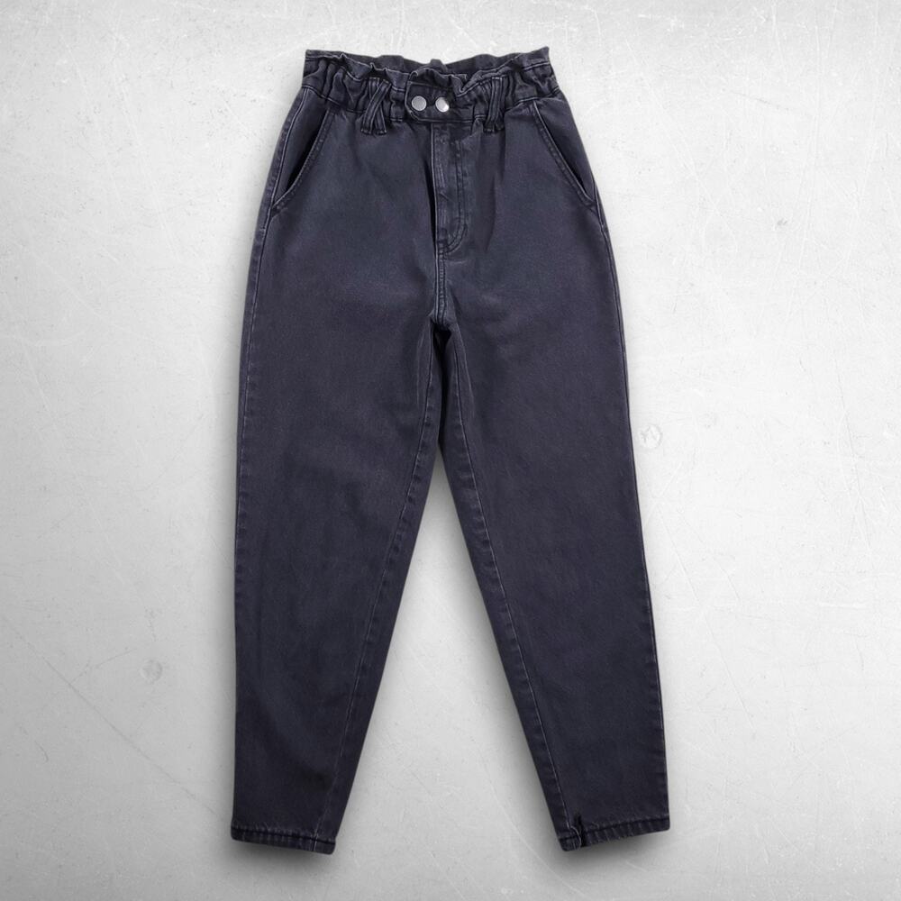 Stradivarius‎ Slouchy Paperbag Jeans Women 4 Black Raw Ankle Slits 100% Cotton